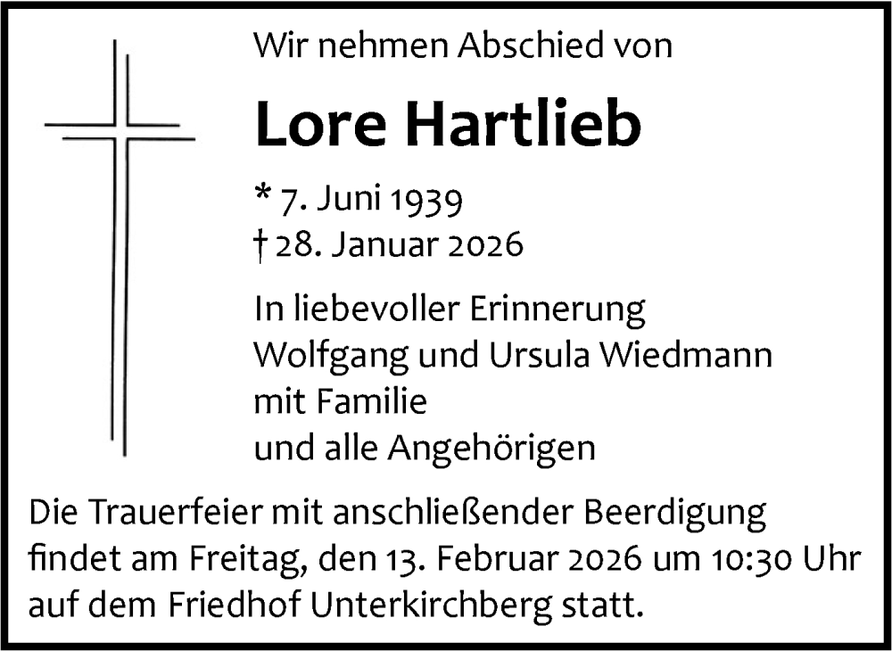  Traueranzeige für Lore Hartlieb vom 07.02.2026 aus SÜDWEST PRESSE Ausgabe Ulm/Neu-Ulm/Ehingen