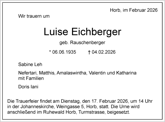 Traueranzeige von Luise Eichberger von Neckar-Chronik