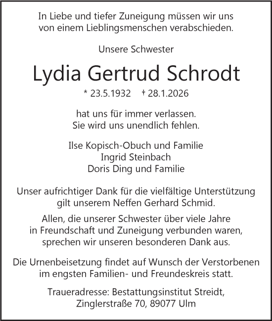 Traueranzeige von Lydia Gertrud Schrodt von SÜDWEST PRESSE Ausgabe Ulm/Neu-Ulm/Ehingen