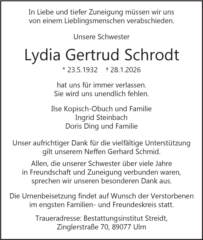  Traueranzeige für Lydia Gertrud Schrodt vom 14.02.2026 aus SÜDWEST PRESSE Ausgabe Ulm/Neu-Ulm/Ehingen
