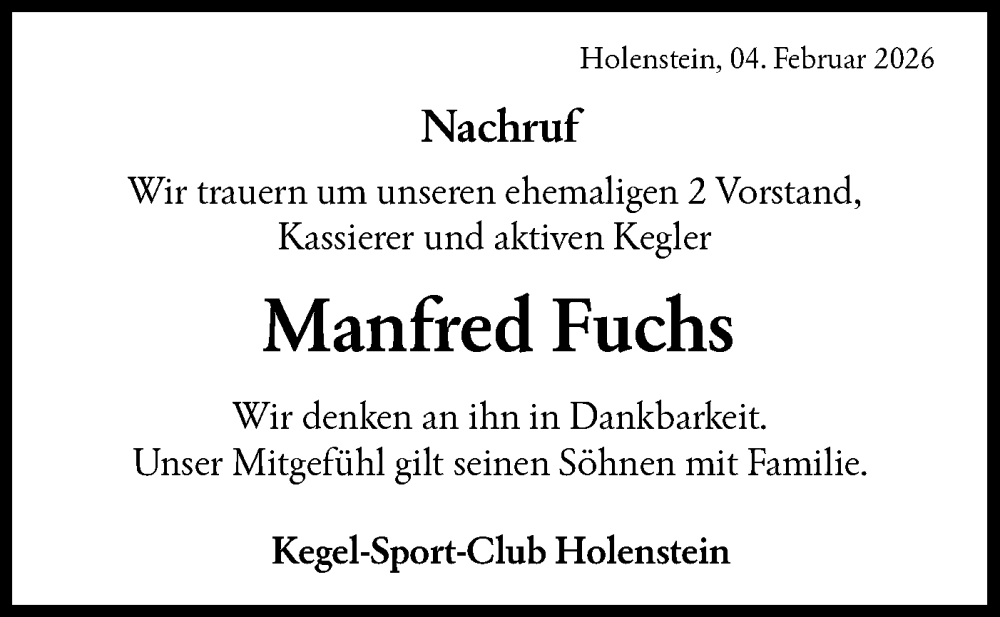  Traueranzeige für Manfred Fuchs vom 04.02.2026 aus Haller Tagblatt