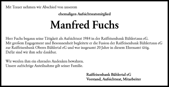 Traueranzeige von Manfred Fuchs von Haller Tagblatt