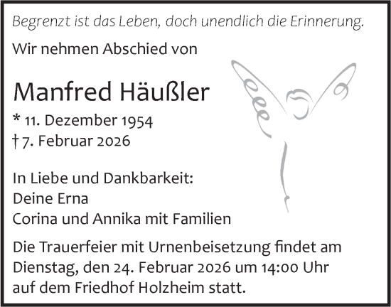 Traueranzeige von Manfred Häußler von SÜDWEST PRESSE Ausgabe Ulm/Neu-Ulm/Ehingen