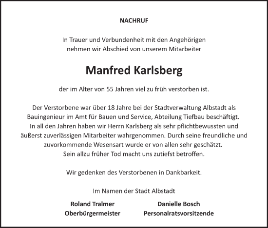 Traueranzeige von Manfred Karlsberg von SÜDWEST PRESSE Zollernalbkreis