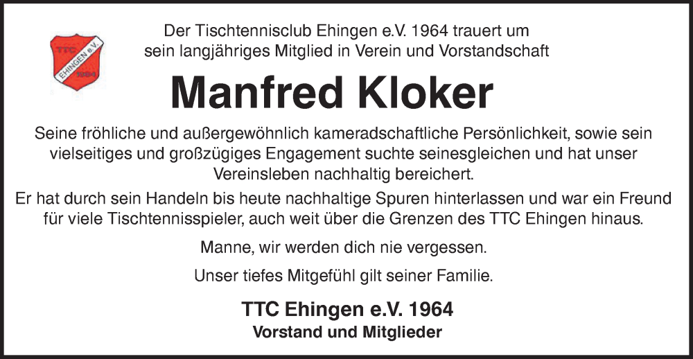  Traueranzeige für Manfred Kloker vom 04.02.2026 aus Ehinger Tagblatt