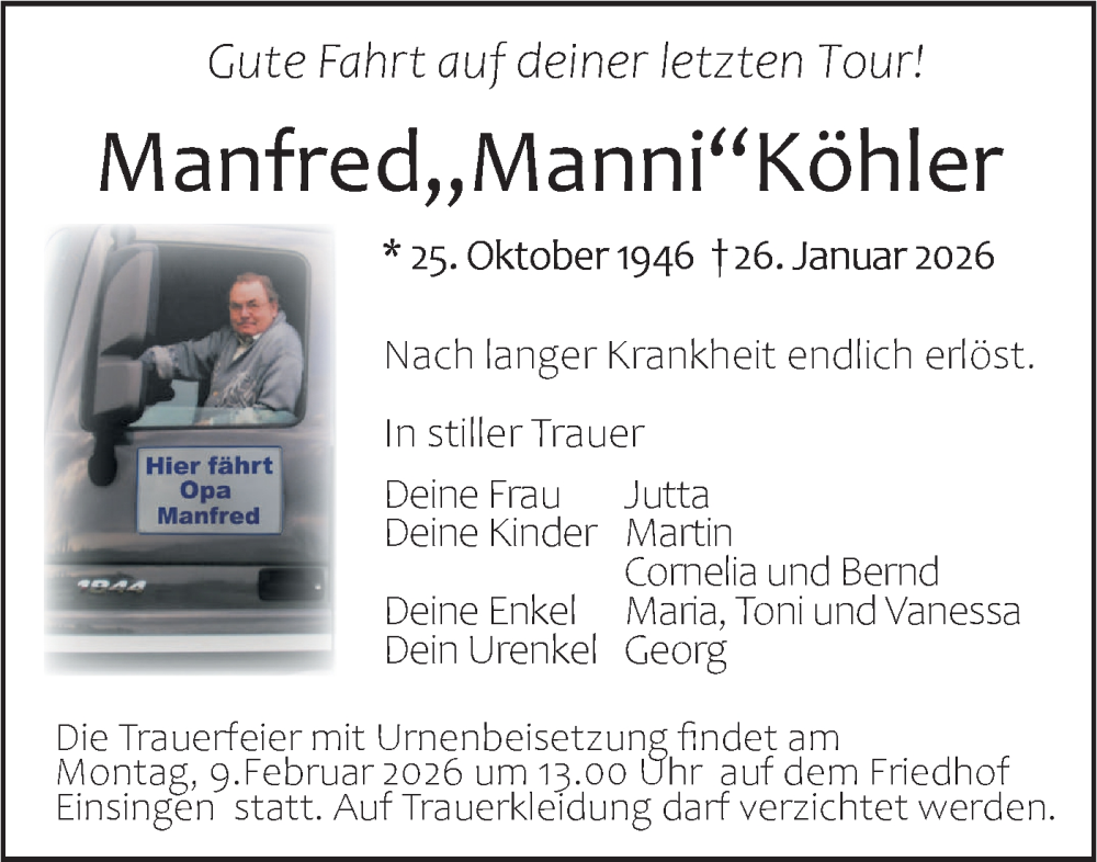  Traueranzeige für Manfred Köhler vom 07.02.2026 aus SÜDWEST PRESSE Ausgabe Ulm/Neu-Ulm/Ehingen