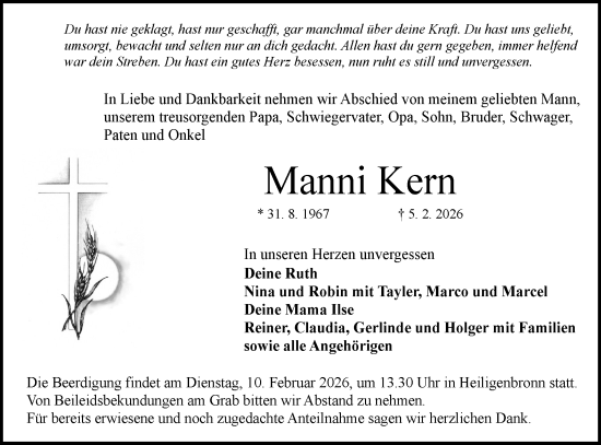 Traueranzeige von Manni Kern von Hohenloher Tagblatt
