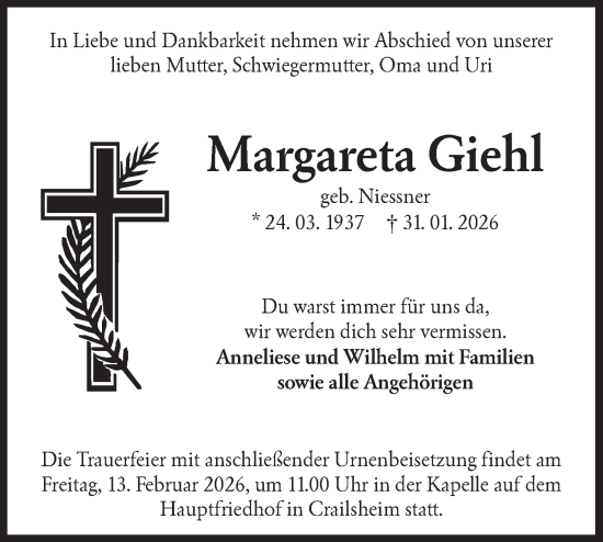 Traueranzeige von Margareta Giehl von Hohenloher Tagblatt