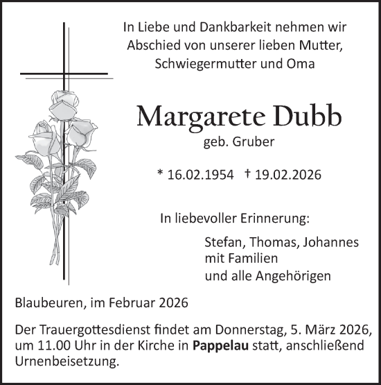 Traueranzeige von Margarete Dubb von SÜDWEST PRESSE Ausgabe Ulm/Neu-Ulm/Ehingen