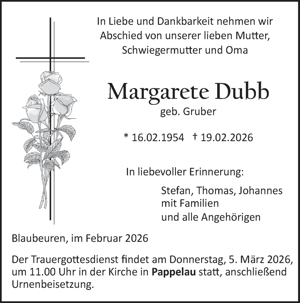  Traueranzeige für Margarete Dubb vom 28.02.2026 aus SÜDWEST PRESSE Ausgabe Ulm/Neu-Ulm/Ehingen