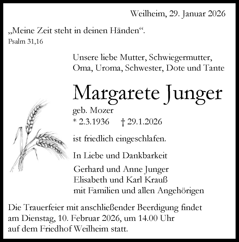  Traueranzeige für Margarete Junger vom 05.02.2026 aus Schwäbische Tagblatt