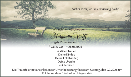 Traueranzeige von Margaritta Wolff von NWZ Neue Württembergische Zeitung
