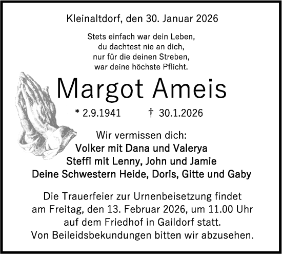Traueranzeige von Margot Ameis von Rundschau Gaildorf