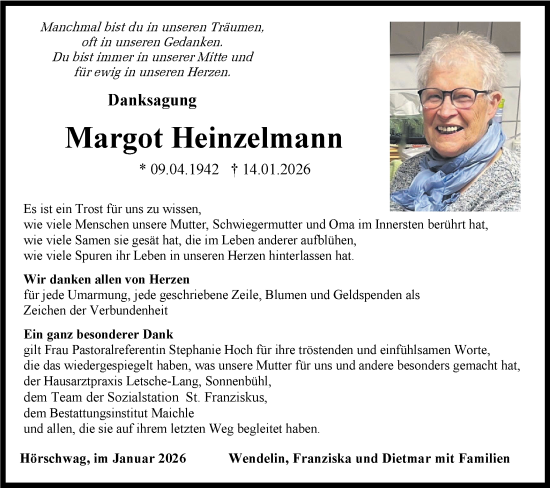 Traueranzeige von Margot Heinzelmann von SÜDWEST PRESSE Zollernalbkreis