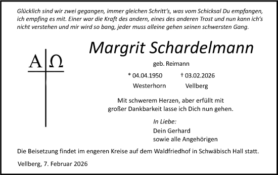 Traueranzeige von Margrit Schardelmann von Haller Tagblatt
