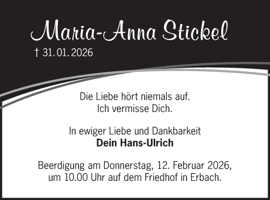 Traueranzeige von Maria-Anna Stickel von SÜDWEST PRESSE Ausgabe Ulm/Neu-Ulm/Ehingen