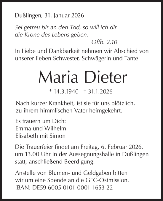 Traueranzeige von Maria Dieter von Schwäbische Tagblatt