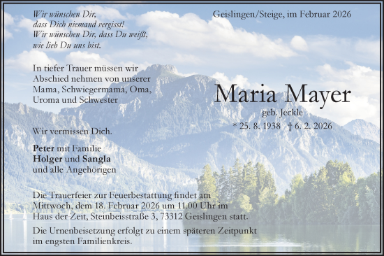 Traueranzeige von Maria Mayer von Geislinger Zeitung