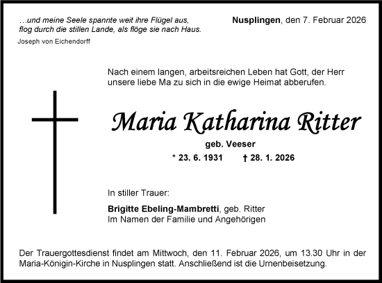 Traueranzeige von Maria Katharina Ritter von SÜDWEST PRESSE Zollernalbkreis