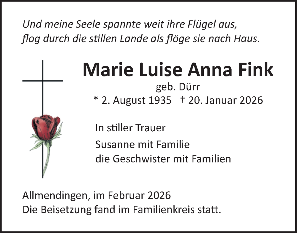  Traueranzeige für Marie Luise Anna Fink vom 10.02.2026 aus Ehinger Tagblatt