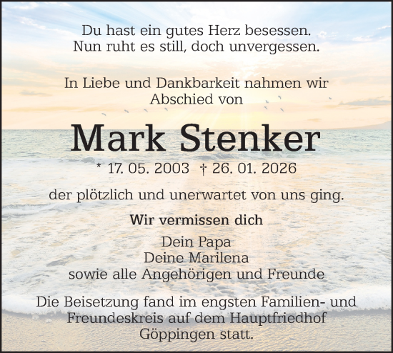 Traueranzeige von Mark Stenker von NWZ Neue Württembergische Zeitung