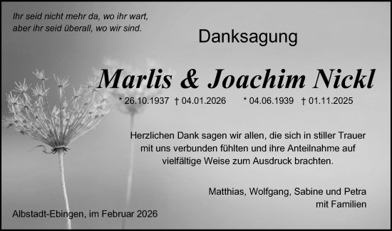 Traueranzeige von Marlis Nickl von SÜDWEST PRESSE Zollernalbkreis