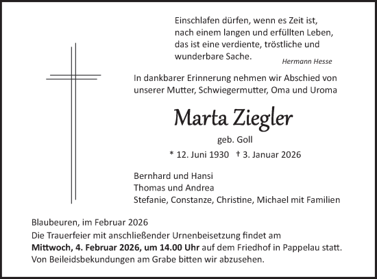 Traueranzeige von Marta Ziegler von SÜDWEST PRESSE Ausgabe Ulm/Neu-Ulm/Ehingen
