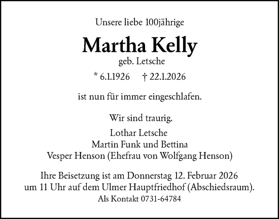 Traueranzeige von Martha Kelly von SÜDWEST PRESSE Ausgabe Ulm/Neu-Ulm/Ehingen