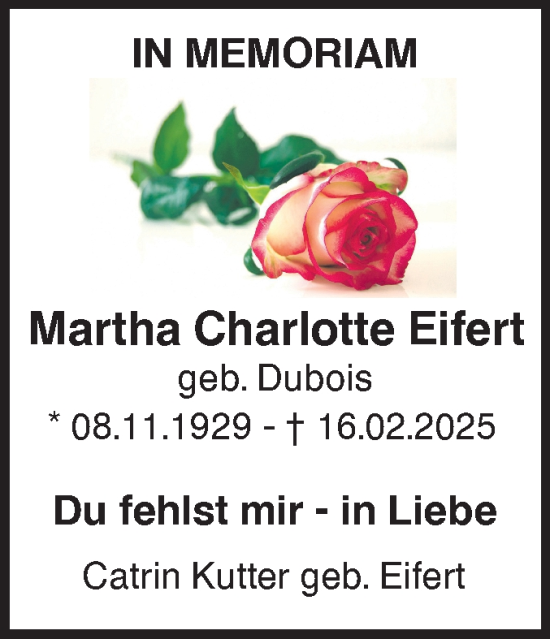 Traueranzeige von Martha Charlotte Eifert von SÜDWEST PRESSE Ausgabe Ulm/Neu-Ulm/Ehingen