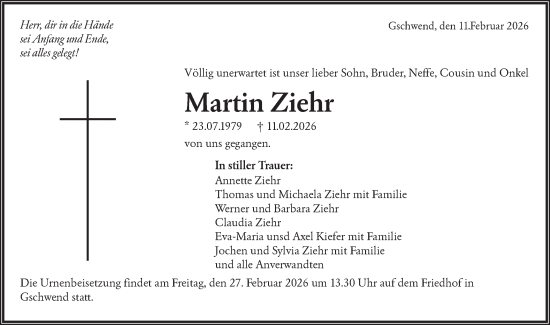 Traueranzeige von Martin Ziehr von Rundschau Gaildorf