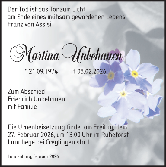 Traueranzeige von Martina Unbehauen von Hohenloher Tagblatt