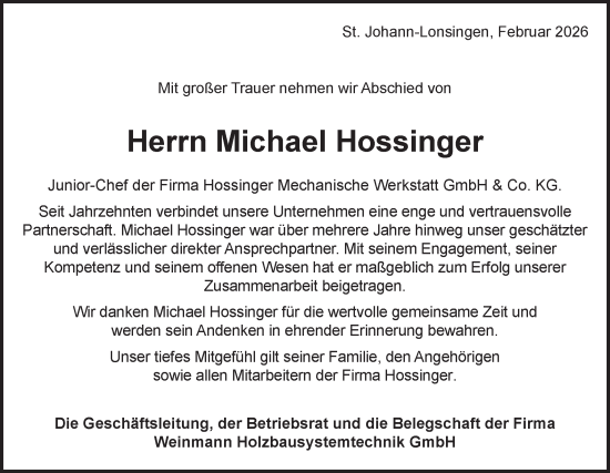 Traueranzeige von Michael Hossinger von Alb-Bote/Metzinger-Uracher Volksblatt