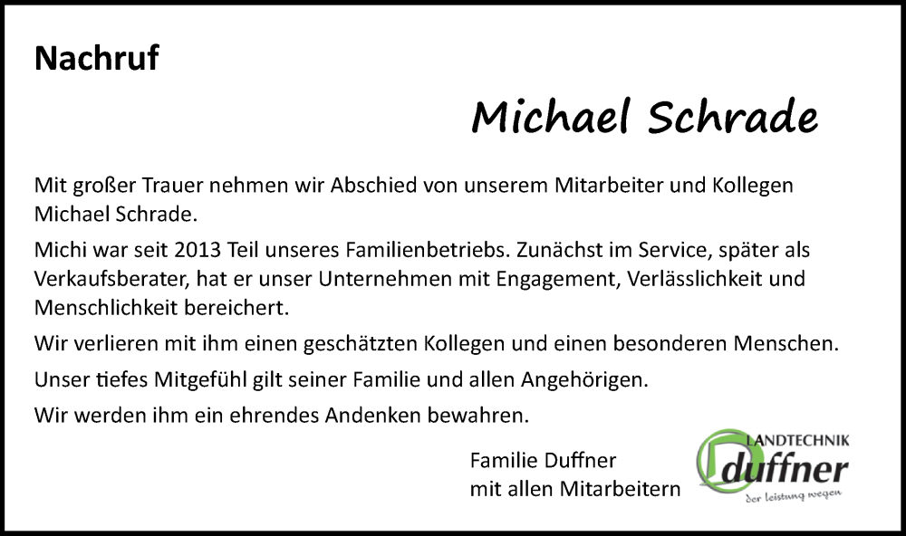  Traueranzeige für Michael Schrade vom 28.02.2026 aus Ehinger Tagblatt