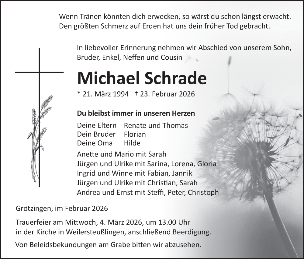  Traueranzeige für Michael Schrade vom 28.02.2026 aus Ehinger Tagblatt