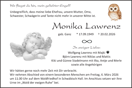 Traueranzeige von Monika Lawrenz von Haller Tagblatt