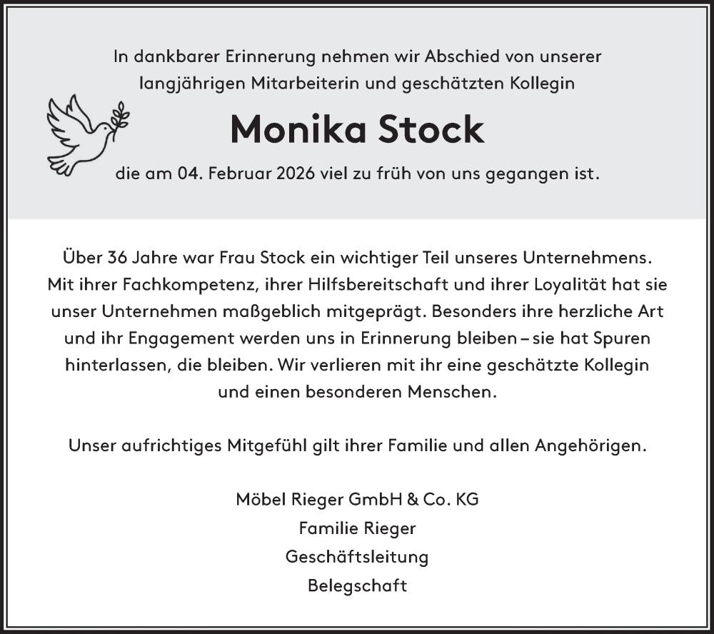  Traueranzeige für Monika Stock vom 14.02.2026 aus NWZ Neue Württembergische Zeitung/Geislinger Zeitung