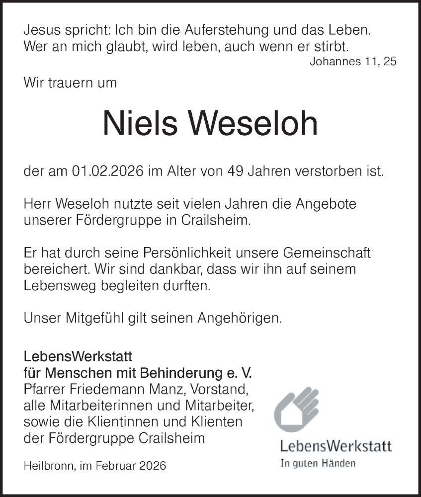  Traueranzeige für Niels Weseloh vom 06.02.2026 aus Hohenloher Tagblatt