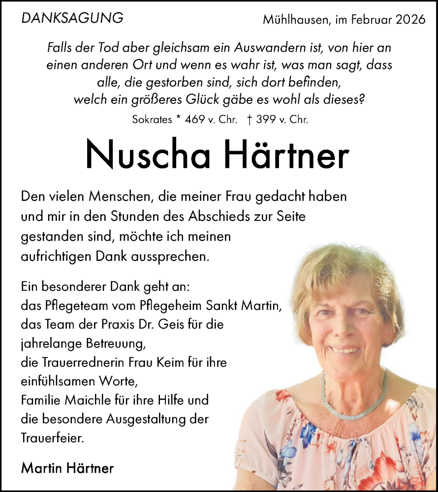  Traueranzeige für Nuscha Härtner vom 07.02.2026 aus Geislinger Zeitung
