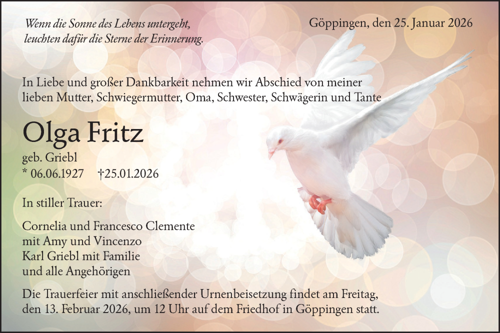  Traueranzeige für Olga Fritz vom 07.02.2026 aus NWZ Neue Württembergische Zeitung