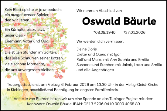 Traueranzeige von Oswald Bäurle von Schwäbische Tagblatt