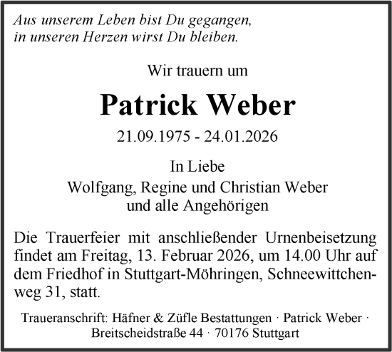 Traueranzeige von Patrick Weber von Schwäbische Tagblatt
