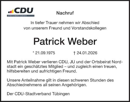 Traueranzeige von Patrick Weber von Schwäbische Tagblatt