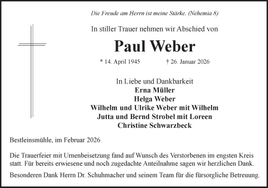 Traueranzeige von Paul Weber von Hohenloher Tagblatt