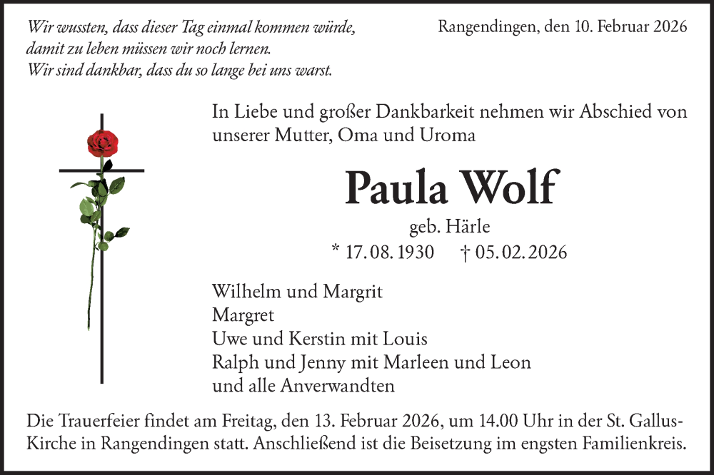  Traueranzeige für Paula Wolf vom 10.02.2026 aus SÜDWEST PRESSE Zollernalbkreis