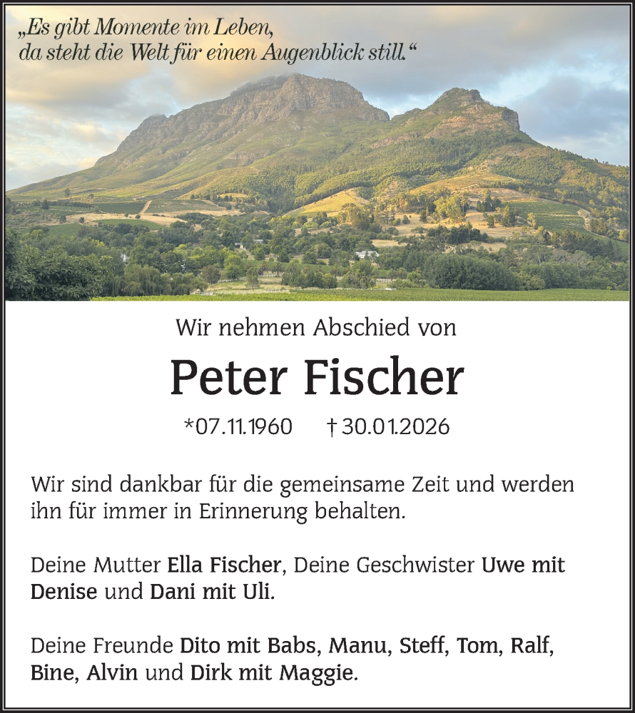  Traueranzeige für Peter Fischer vom 14.02.2026 aus NWZ Neue Württembergische Zeitung