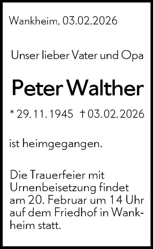  Traueranzeige für Peter Walther vom 14.02.2026 aus Schwäbische Tagblatt