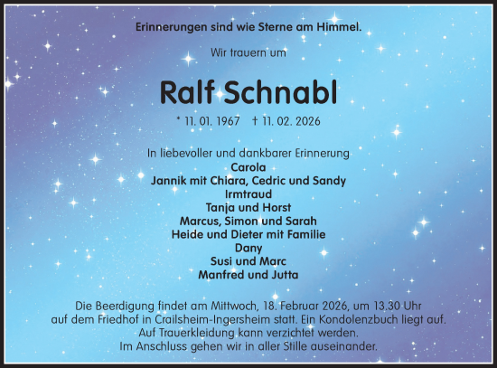 Traueranzeige von Ralf Schnabl von Hohenloher Tagblatt