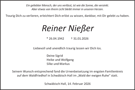 Traueranzeige von Reiner Nießer von Haller Tagblatt