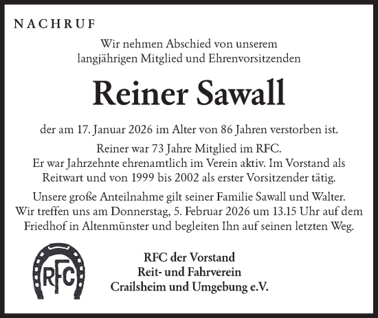 Traueranzeige von Reiner Sawall von Hohenloher Tagblatt