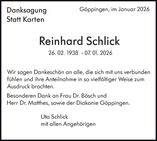 Traueranzeige von Reinhard Schlick von NWZ Neue Württembergische Zeitung